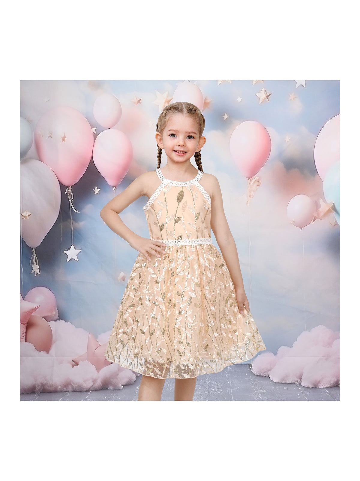 Girls Dress Purple Butterfly Embroidered Halter Dress Party - Gold Leaf