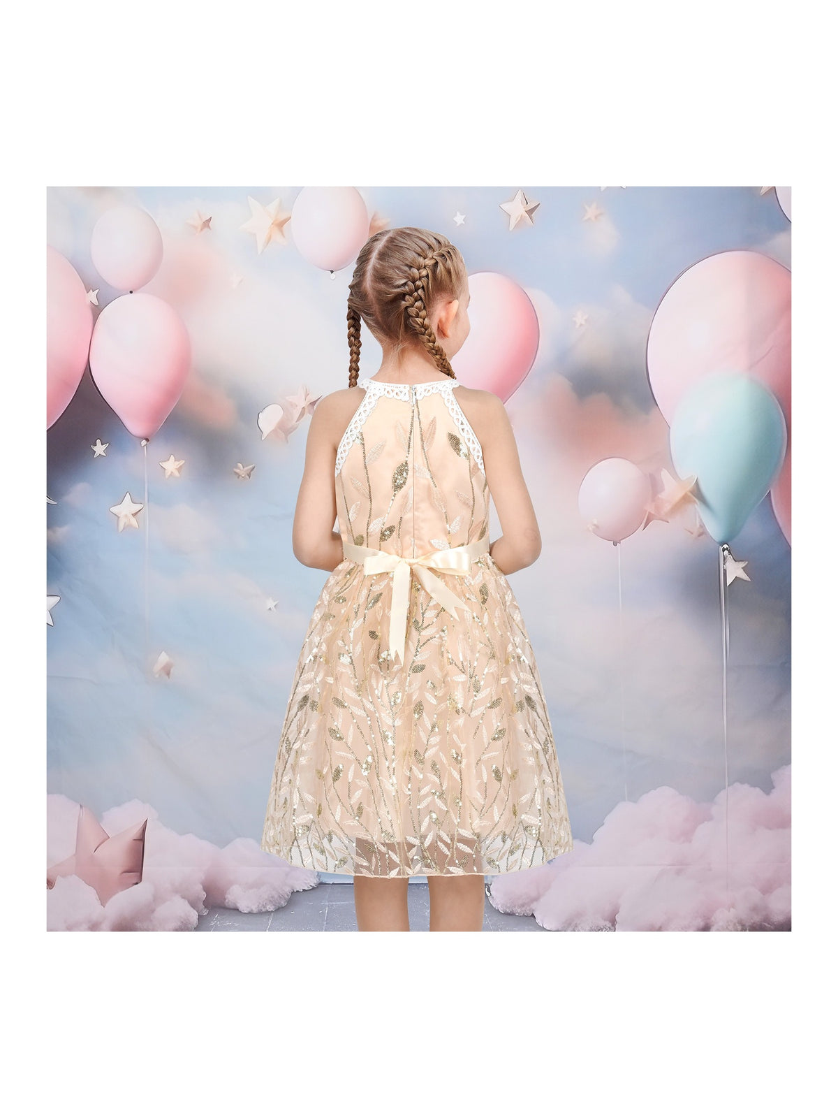 Girls Dress Purple Butterfly Embroidered Halter Dress Party - Gold Leaf