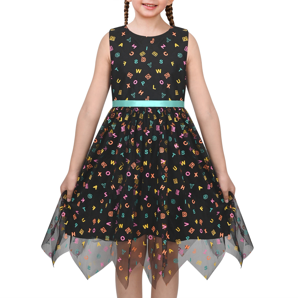 Girls Dress Black Sleeveless Colorful Alphabet Belt Cute School Hanky Hem - Rainbow Alphabet