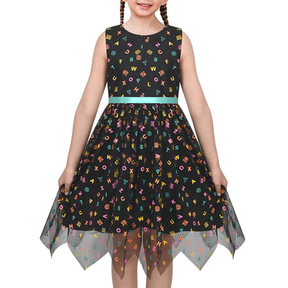 Girls Dress Black Sleeveless Colorful Alphabet Belt Cute School Hanky Hem - Rainbow Alphabet
