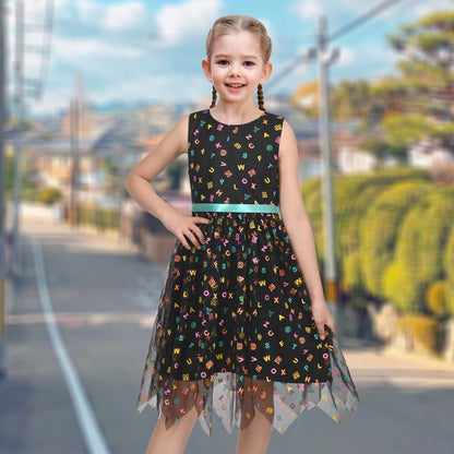 Girls Dress Black Sleeveless Colorful Alphabet Belt Cute School Hanky Hem - Rainbow Alphabet