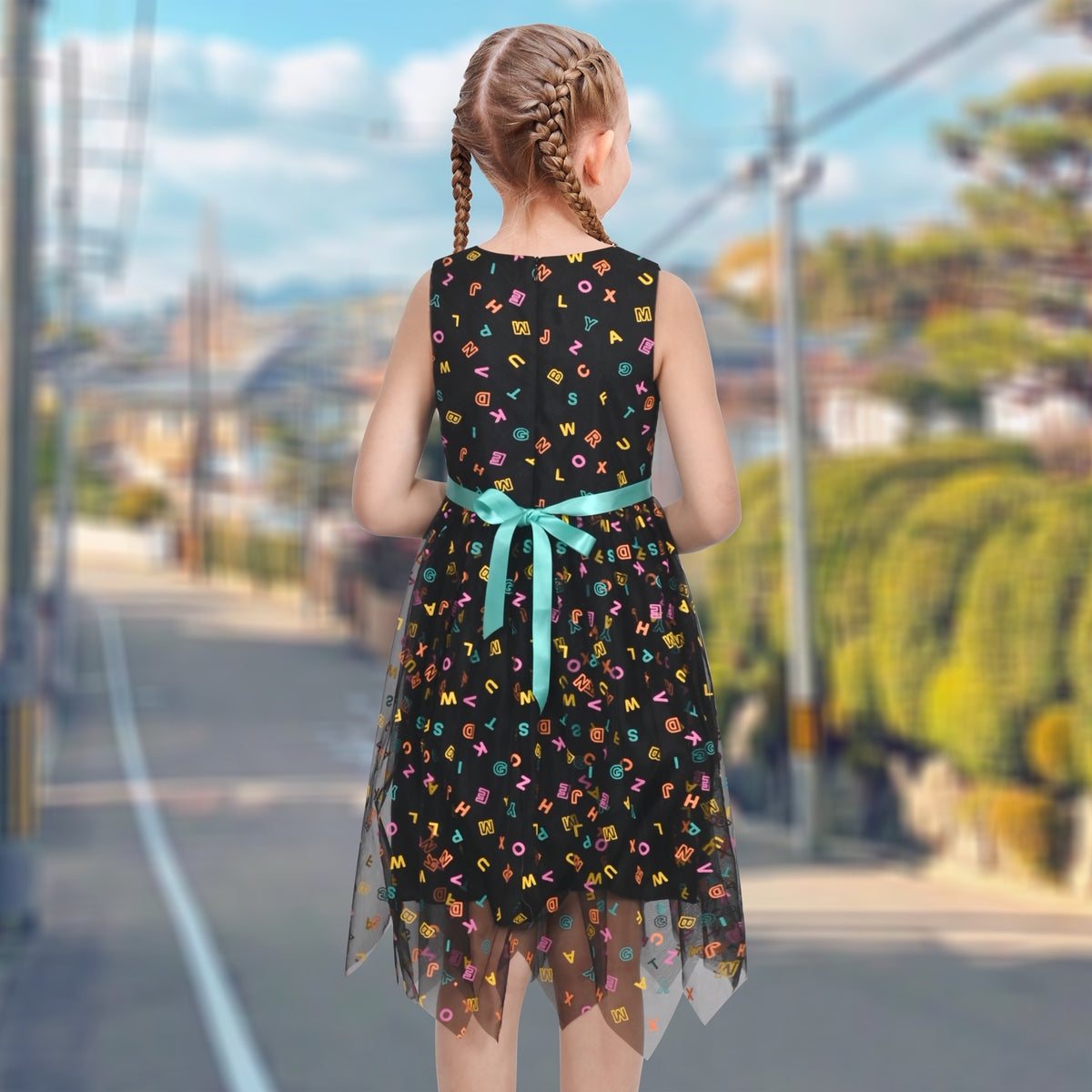 Girls Dress Black Sleeveless Colorful Alphabet Belt Cute School Hanky Hem - Rainbow Alphabet