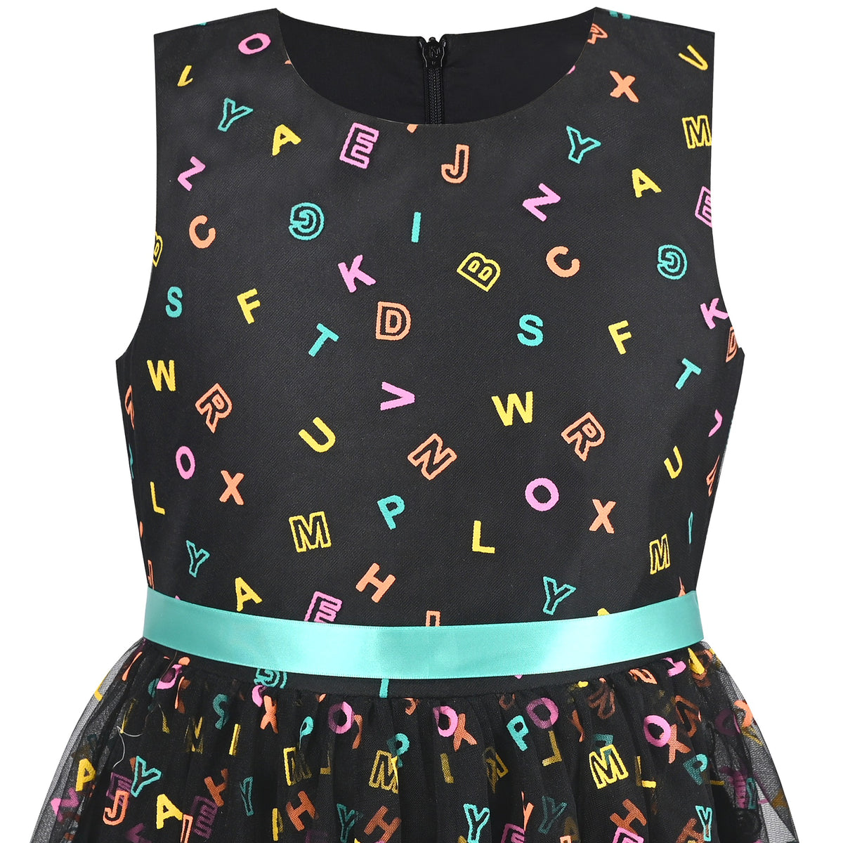 Girls Dress Black Sleeveless Colorful Alphabet Belt Cute School Hanky Hem - Rainbow Alphabet