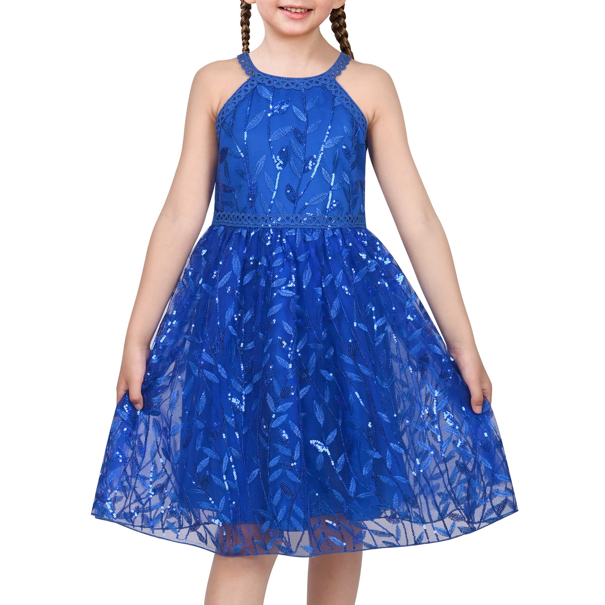 Girls Dress Purple Butterfly Embroidered Halter Dress Party - Royal Blue