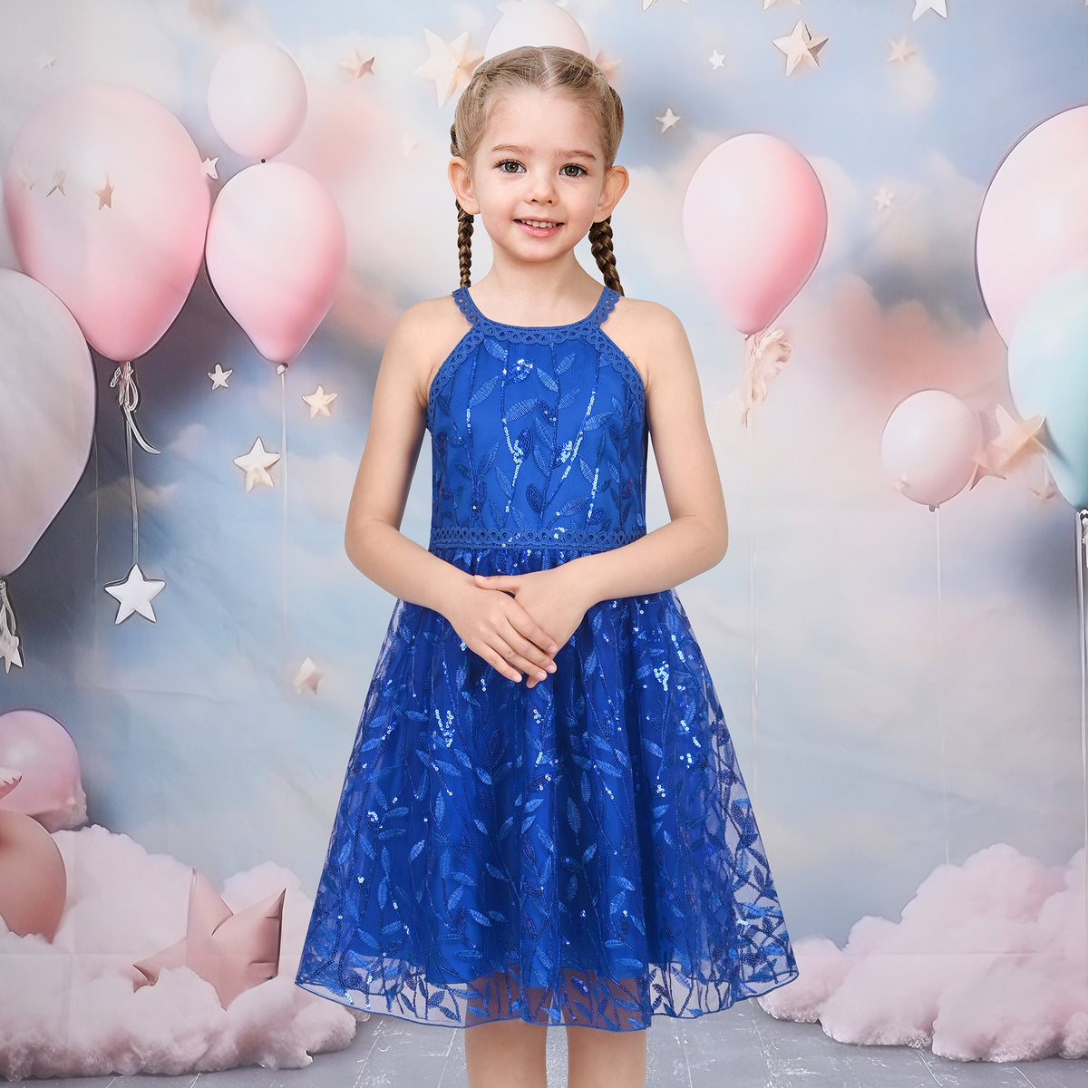 Girls Dress Purple Butterfly Embroidered Halter Dress Party - Royal Blue