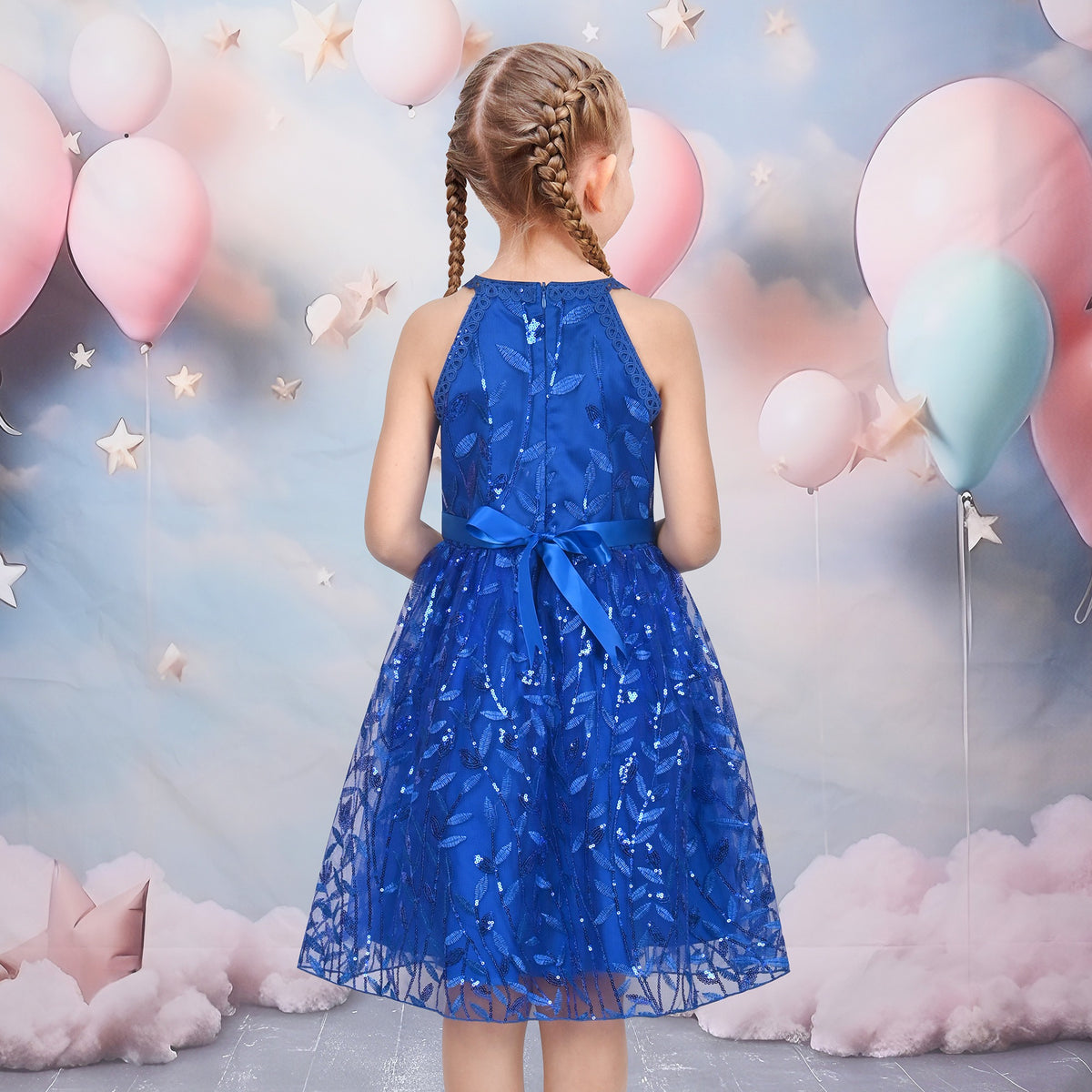 Girls Dress Purple Butterfly Embroidered Halter Dress Party - Royal Blue