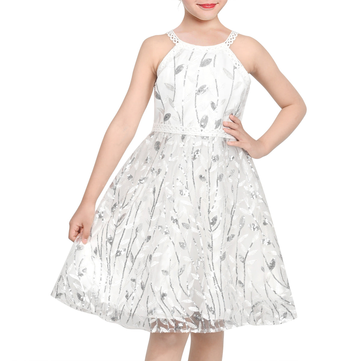 Girls Dress Purple Butterfly Embroidered Halter Dress Party - White Leaf