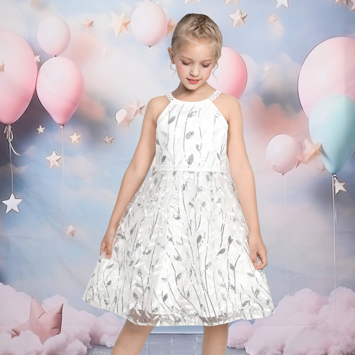 Girls Dress Purple Butterfly Embroidered Halter Dress Party - White Leaf