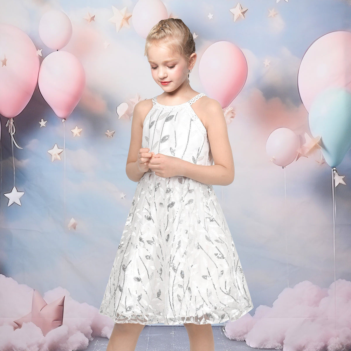 Girls Dress Purple Butterfly Embroidered Halter Dress Party - White Leaf