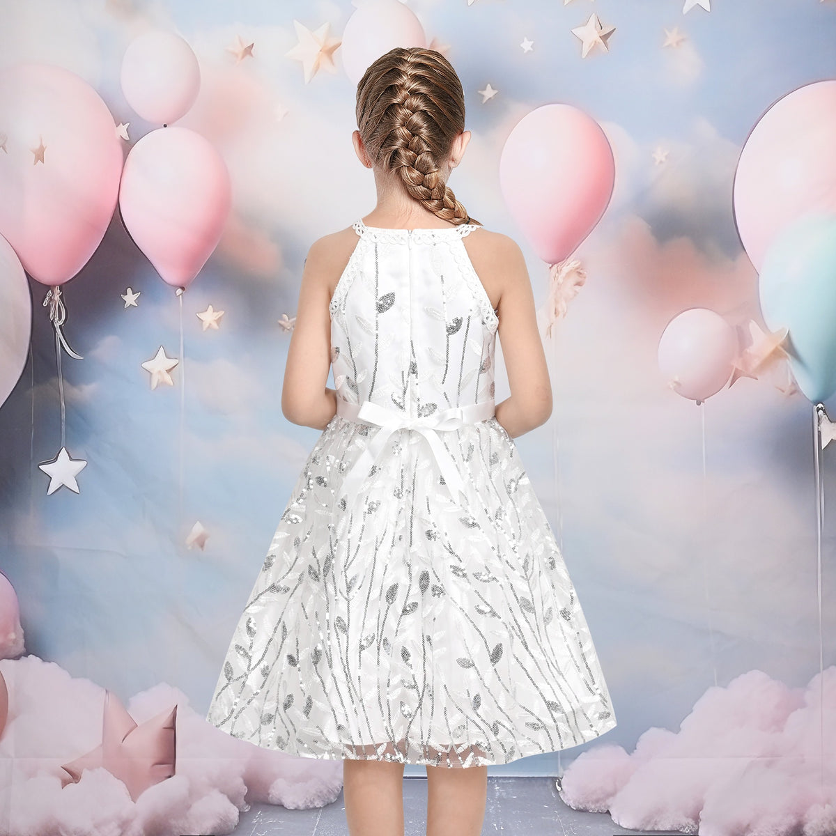 Girls Dress Purple Butterfly Embroidered Halter Dress Party - White Leaf