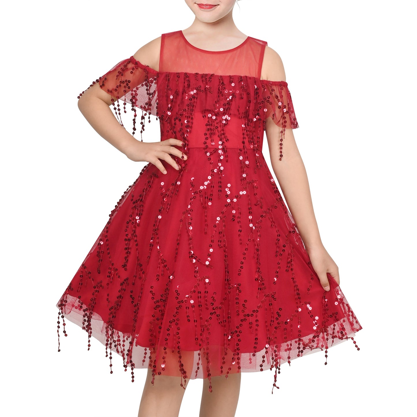 Girls Dress Cold Shoulder Sleeveless Lace Flower Ruffle Red