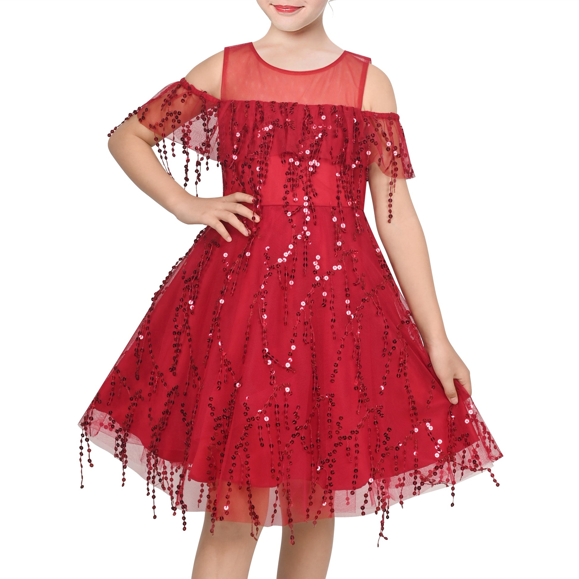Girls Dress Cold Shoulder Sleeveless Lace Flower Ruffle Red