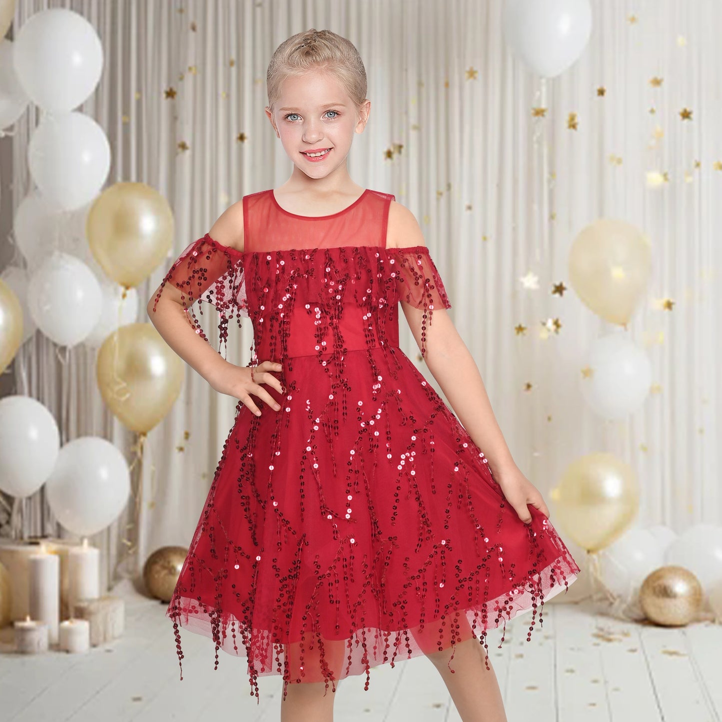 Girls Dress Cold Shoulder Sleeveless Lace Flower Ruffle Red