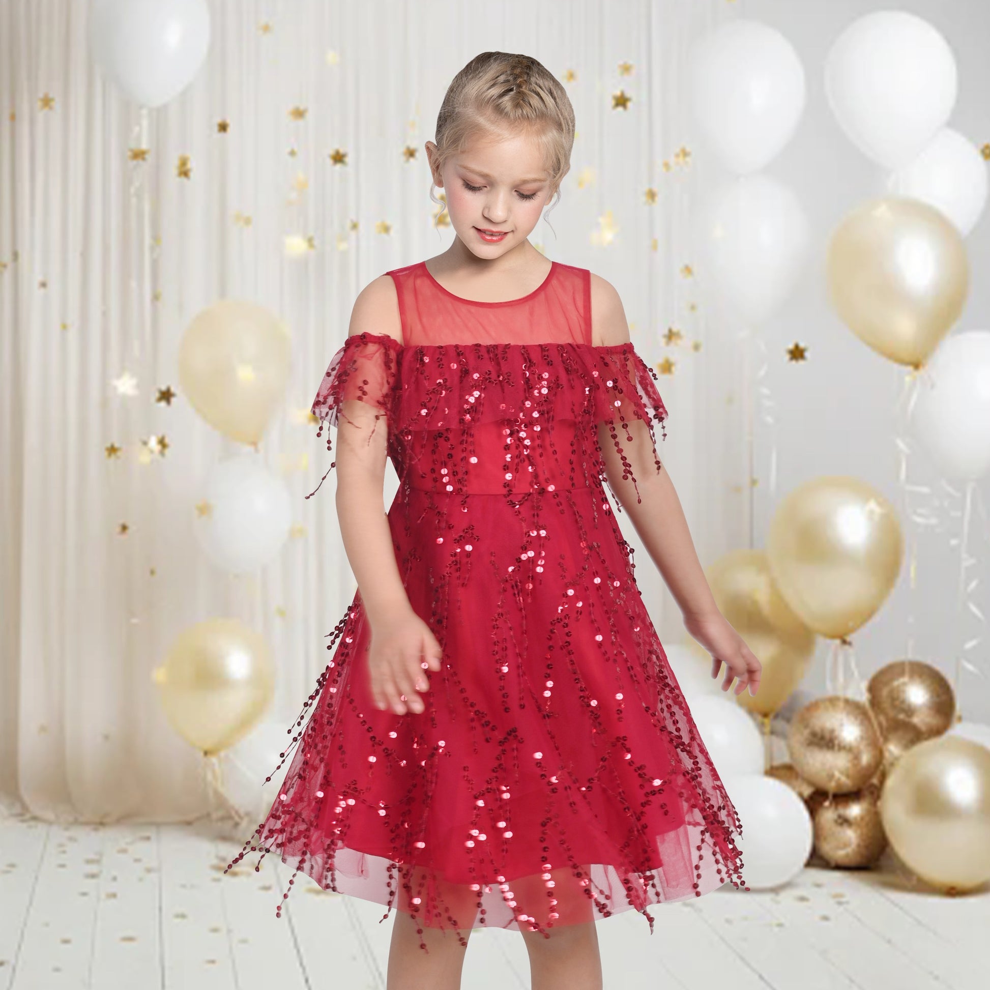 Girls Dress Cold Shoulder Sleeveless Lace Flower Ruffle Red