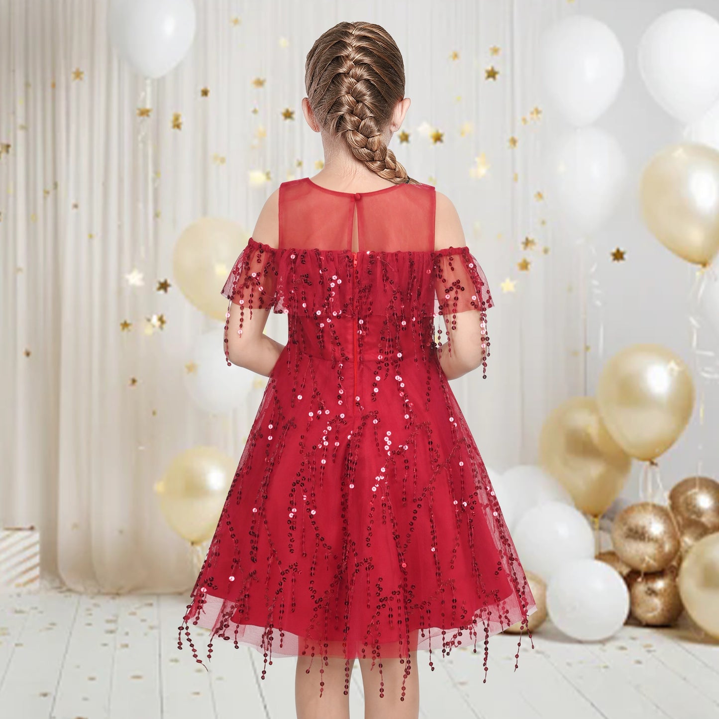 Girls Dress Cold Shoulder Sleeveless Lace Flower Ruffle Red