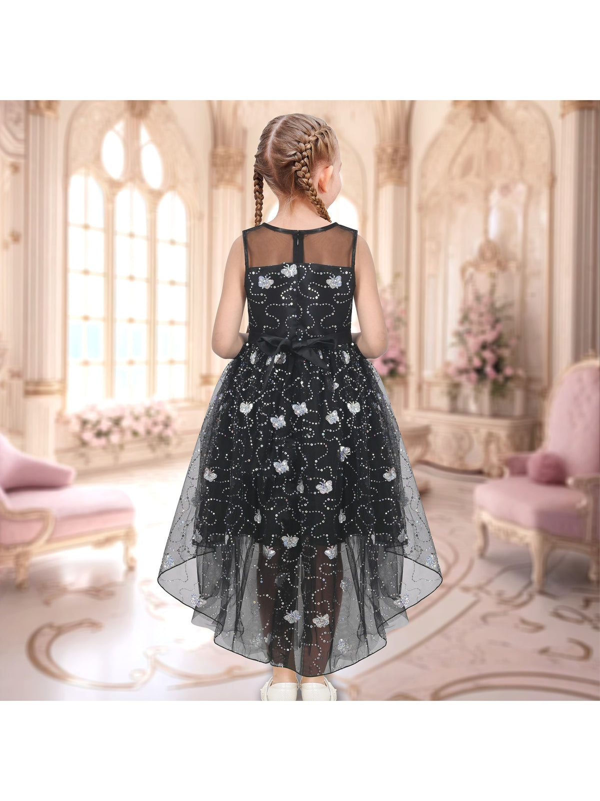 Girls Dress Peach Sequin Mermaid High Low Tulle Party Gown Fantasy Beach Formal Pageant - Black Butterfly