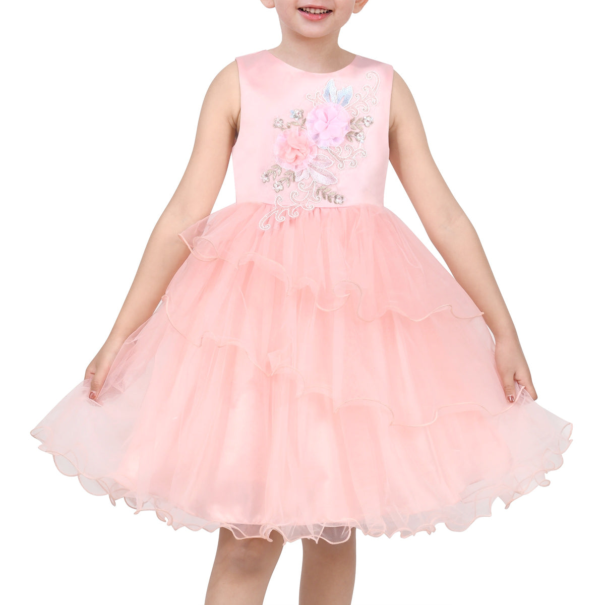 Girls Pink Floral Multilayer Ruffle Tulle Sleeveless Sequin Princess - Pink Embroidery