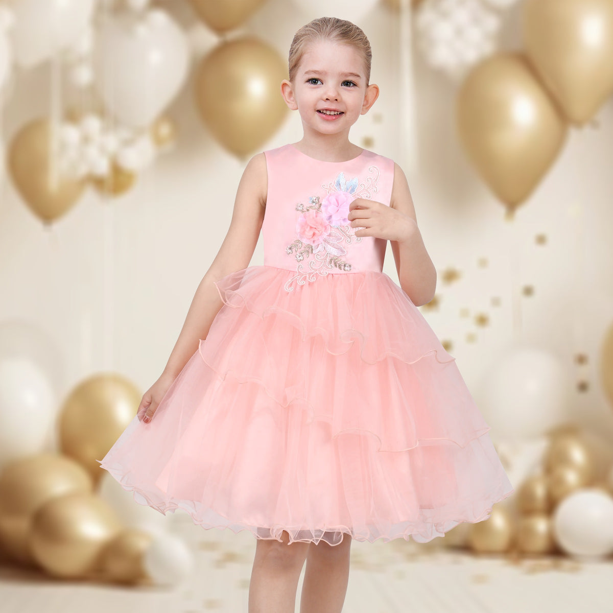 Girls Pink Floral Multilayer Ruffle Tulle Sleeveless Sequin Princess - Pink Embroidery