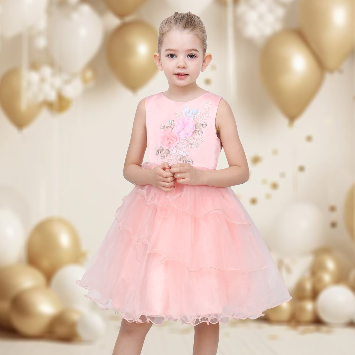 Girls Pink Floral Multilayer Ruffle Tulle Sleeveless Sequin Princess - Pink Embroidery