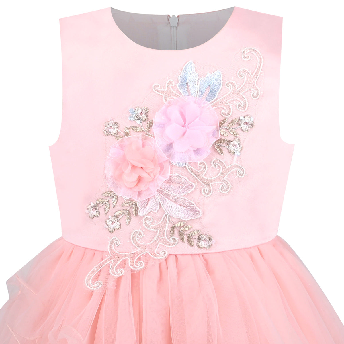 Girls Pink Floral Multilayer Ruffle Tulle Sleeveless Sequin Princess - Pink Embroidery