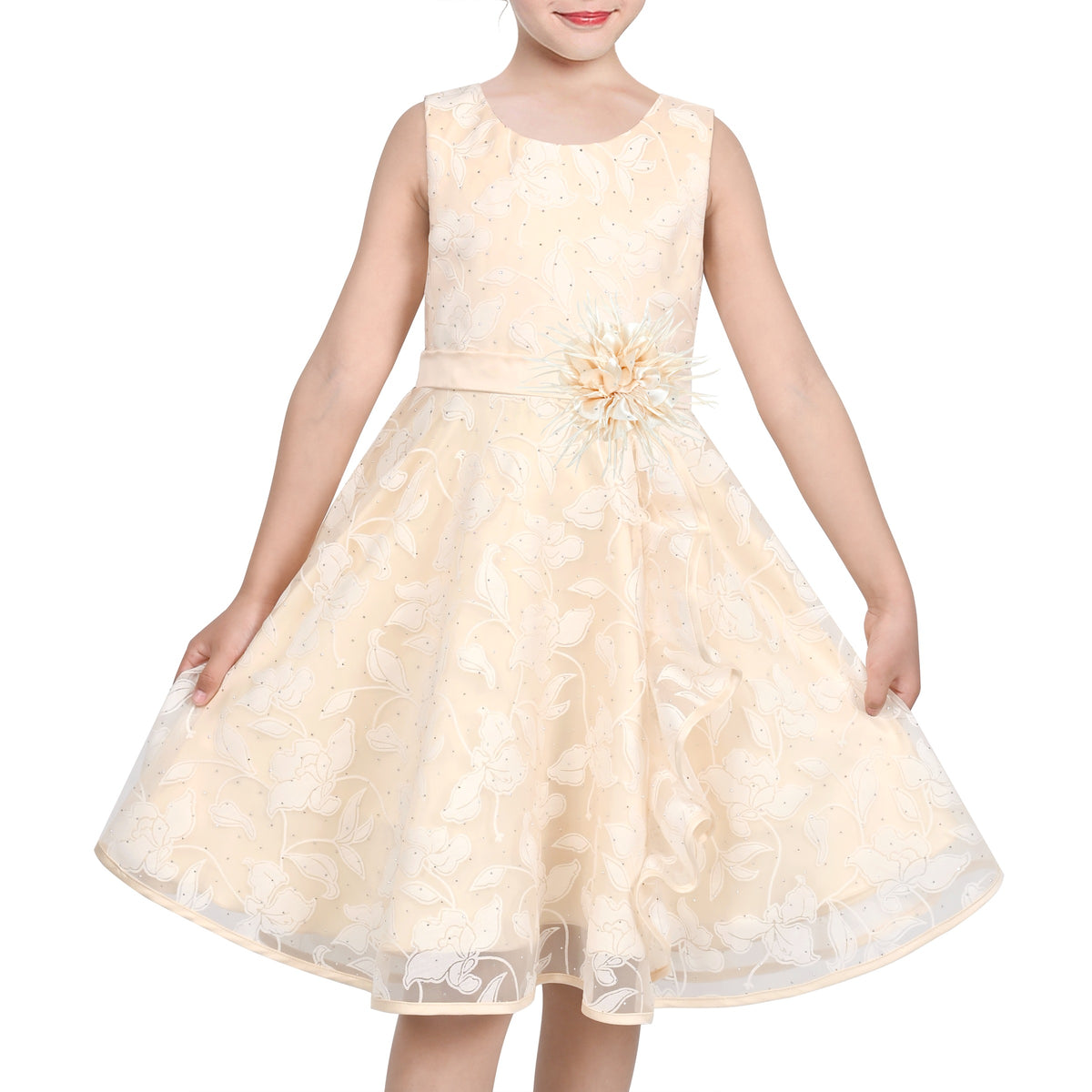 3 Layers Girls Dress Pink Flower Wave Pageant Wedding Kids Clothing - Light Beige
