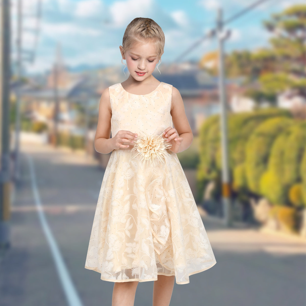 3 Layers Girls Dress Pink Flower Wave Pageant Wedding Kids Clothing - Light Beige