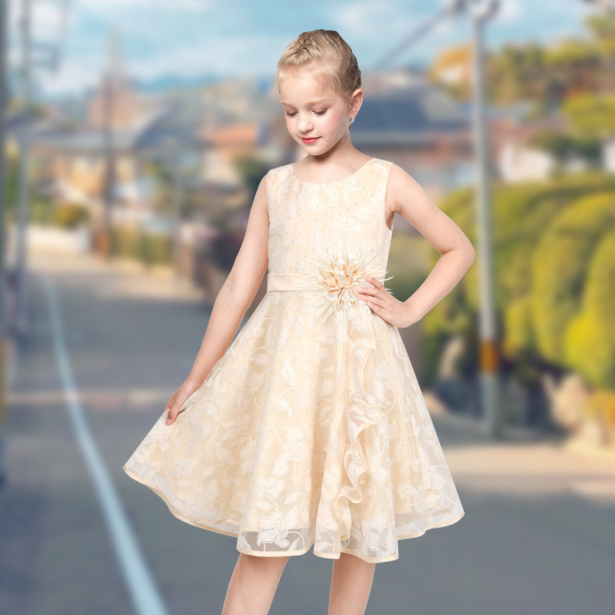 3 Layers Girls Dress Pink Flower Wave Pageant Wedding Kids Clothing - Light Beige