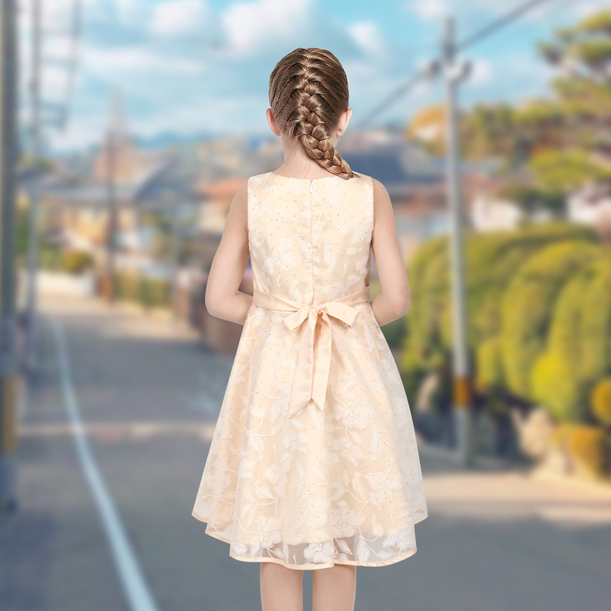 3 Layers Girls Dress Pink Flower Wave Pageant Wedding Kids Clothing - Light Beige