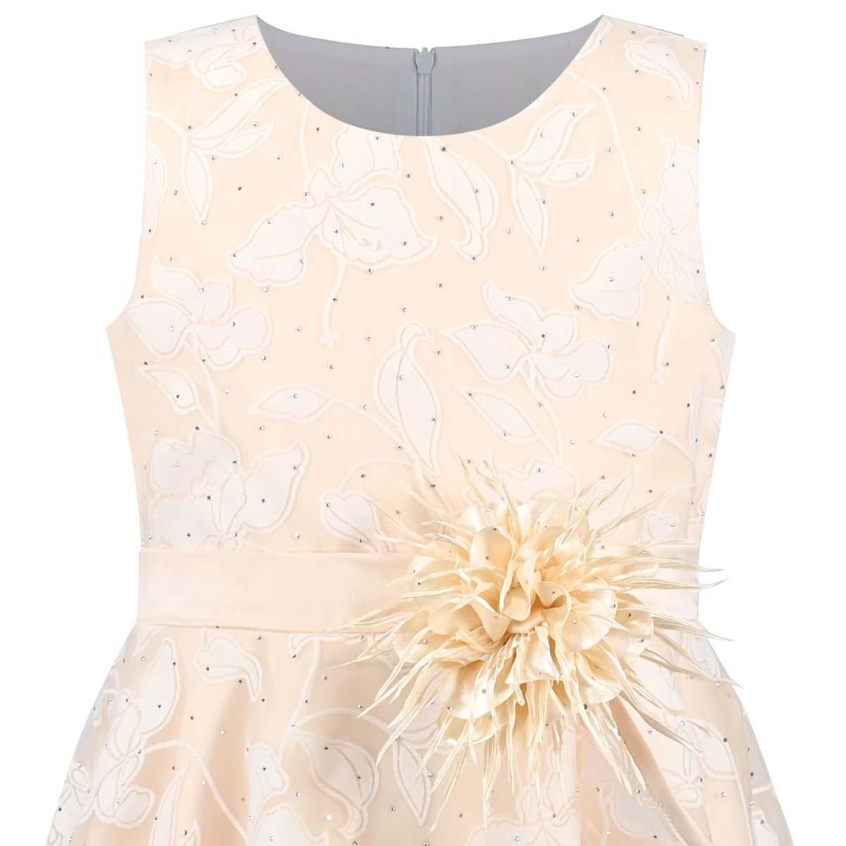 3 Layers Girls Dress Pink Flower Wave Pageant Wedding Kids Clothing - Light Beige