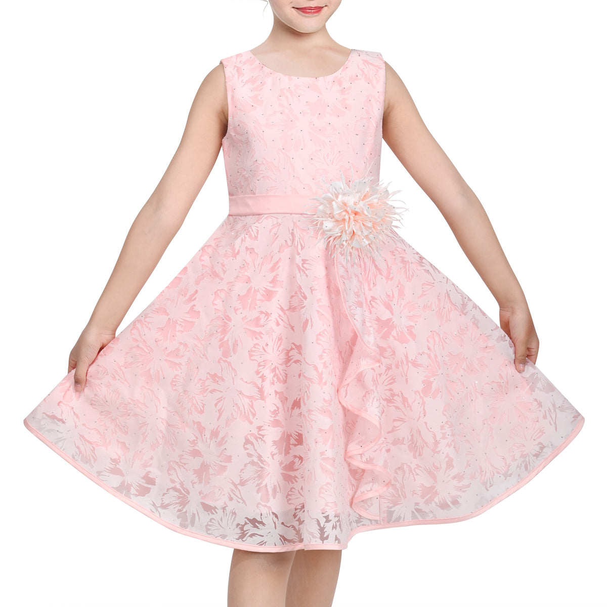 3 Layers Girls Dress Pink Flower Wave Pageant Wedding Kids Clothing - Pink Hollow Flower