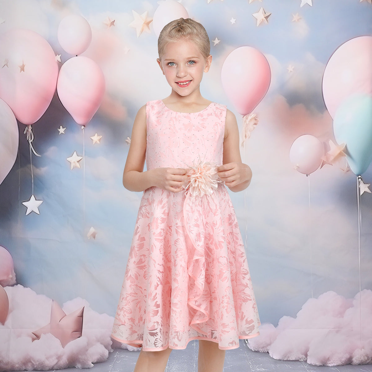 3 Layers Girls Dress Pink Flower Wave Pageant Wedding Kids Clothing - Pink Hollow Flower