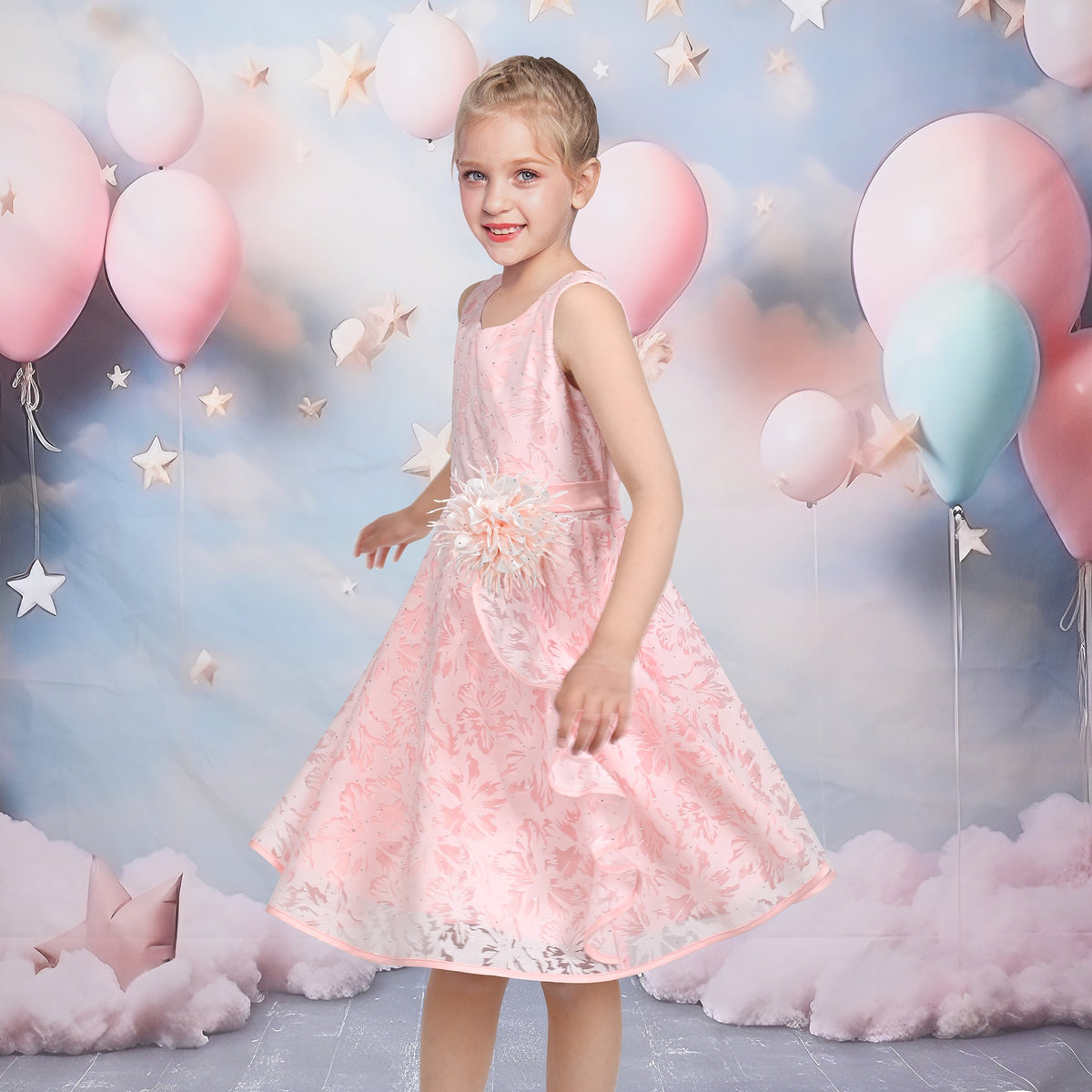 3 Layers Girls Dress Pink Flower Wave Pageant Wedding Kids Clothing - Pink Hollow Flower