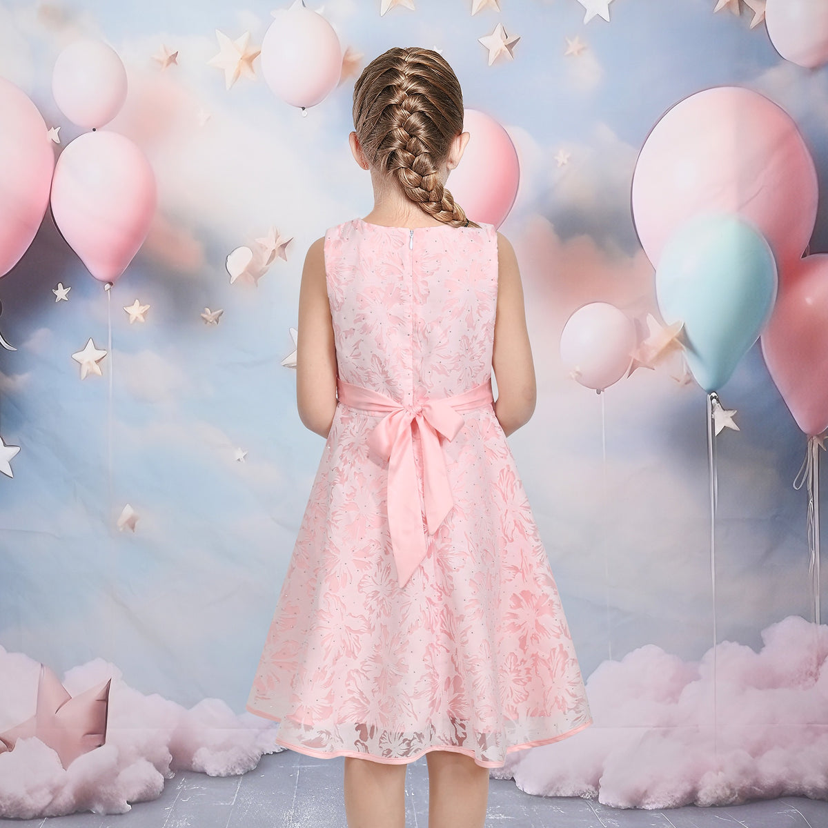 3 Layers Girls Dress Pink Flower Wave Pageant Wedding Kids Clothing - Pink Hollow Flower