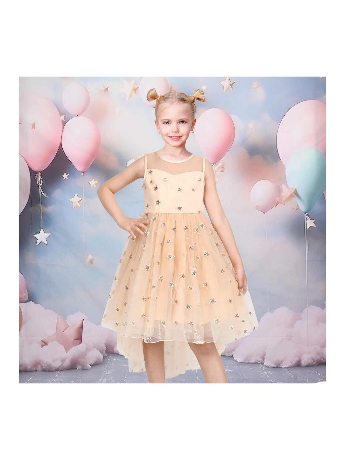 Girls Dress Peach Sequin Mermaid High Low Tulle Party Gown Fantasy Beach Formal Pageant - Beige Star