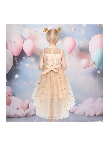 Girls Dress Peach Sequin Mermaid High Low Tulle Party Gown Fantasy Beach Formal Pageant - Beige Star