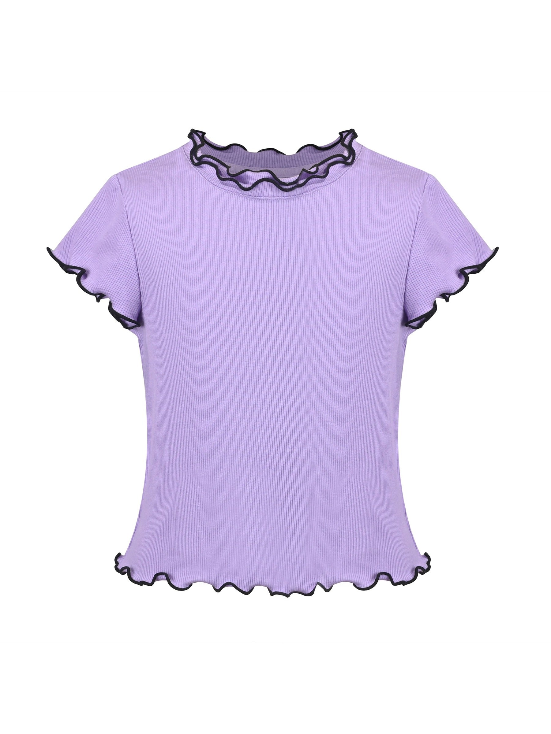 Girls Short Sleeve Tee T-Shirt Gray Butterfly Collar Cotton Purple
