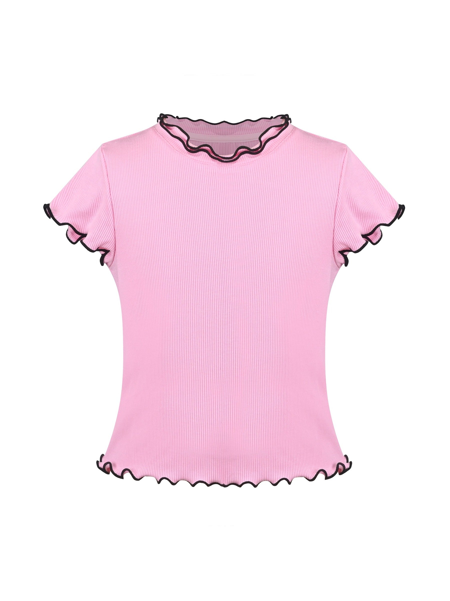 Girls Short Sleeve Tee T-Shirt Gray Butterfly Collar Cotton Pink