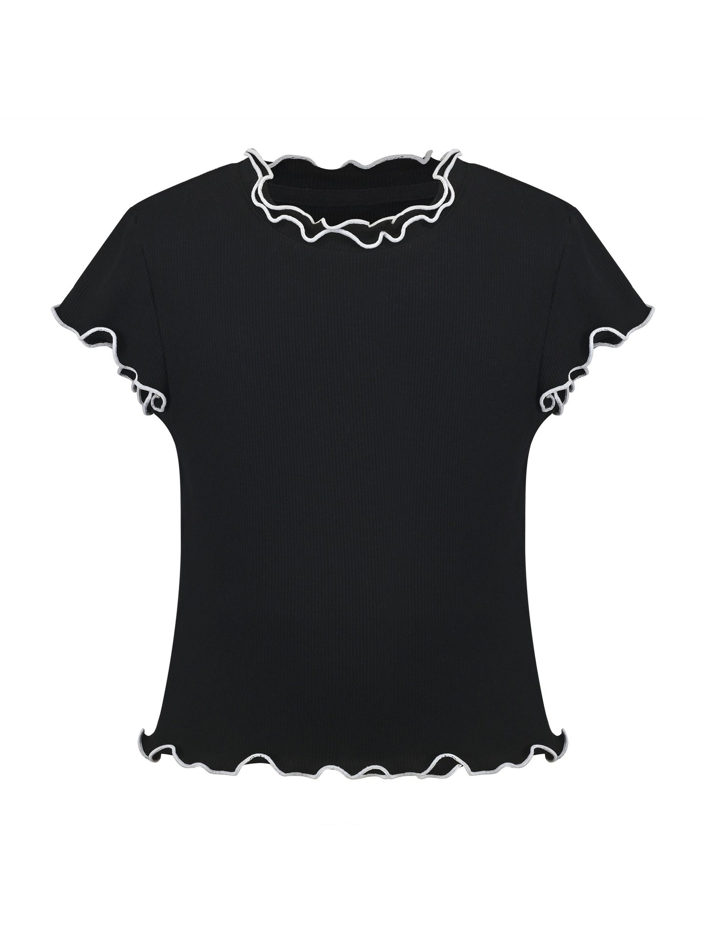 Girls Short Sleeve Tee T-Shirt Gray Butterfly Collar Cotton Black