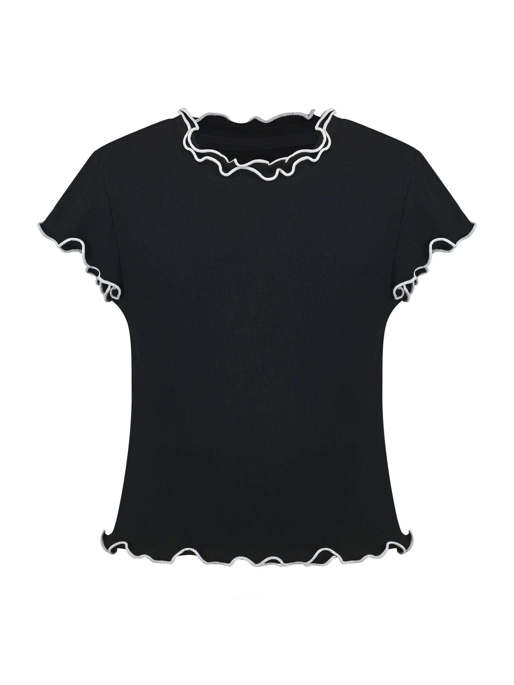 Girls Short Sleeve Tee T-Shirt Gray Butterfly Collar Cotton Black