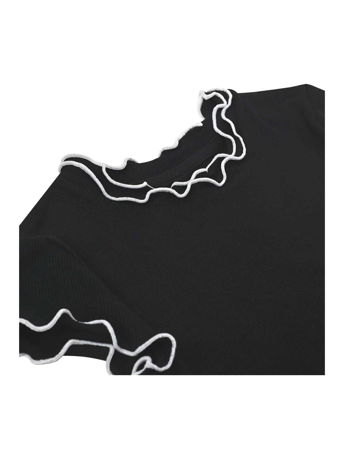 Girls Short Sleeve Tee T-Shirt Gray Butterfly Collar Cotton Black