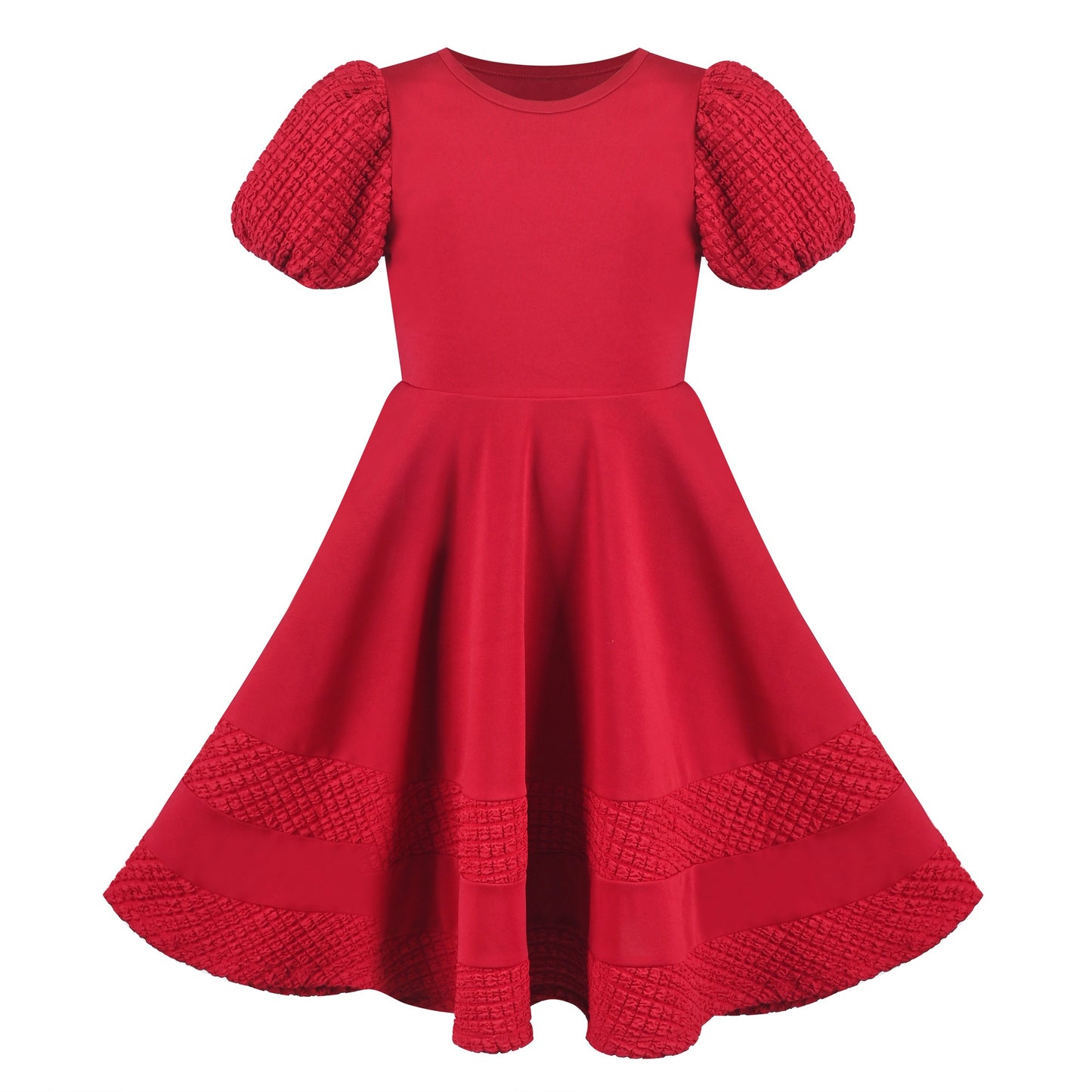 Girls Dress White Solid A-line Retro Puff Sleeve Casual Spring Summer Red