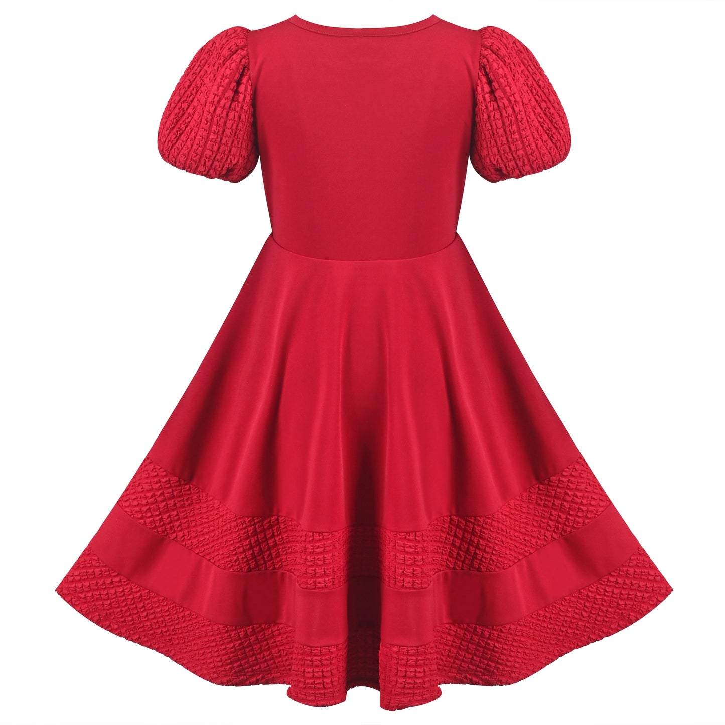 Girls Dress White Solid A-line Retro Puff Sleeve Casual Spring Summer Red