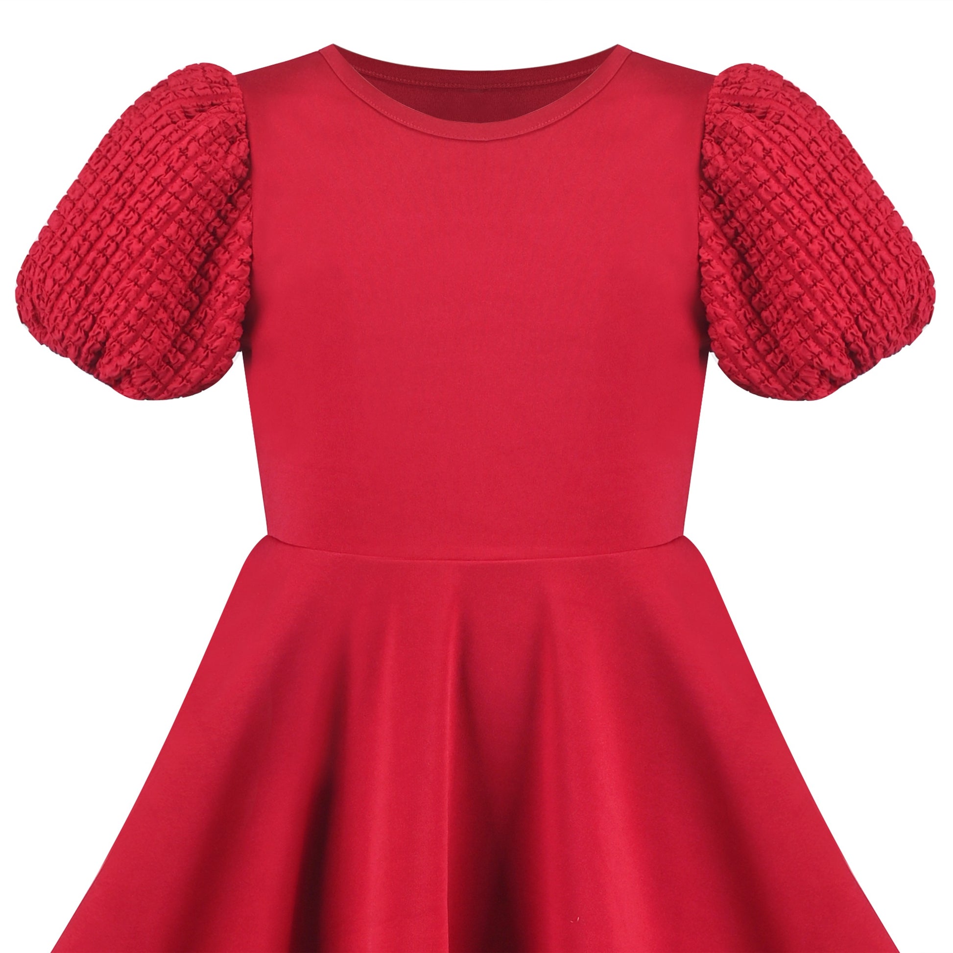 Girls Dress White Solid A-line Retro Puff Sleeve Casual Spring Summer Red