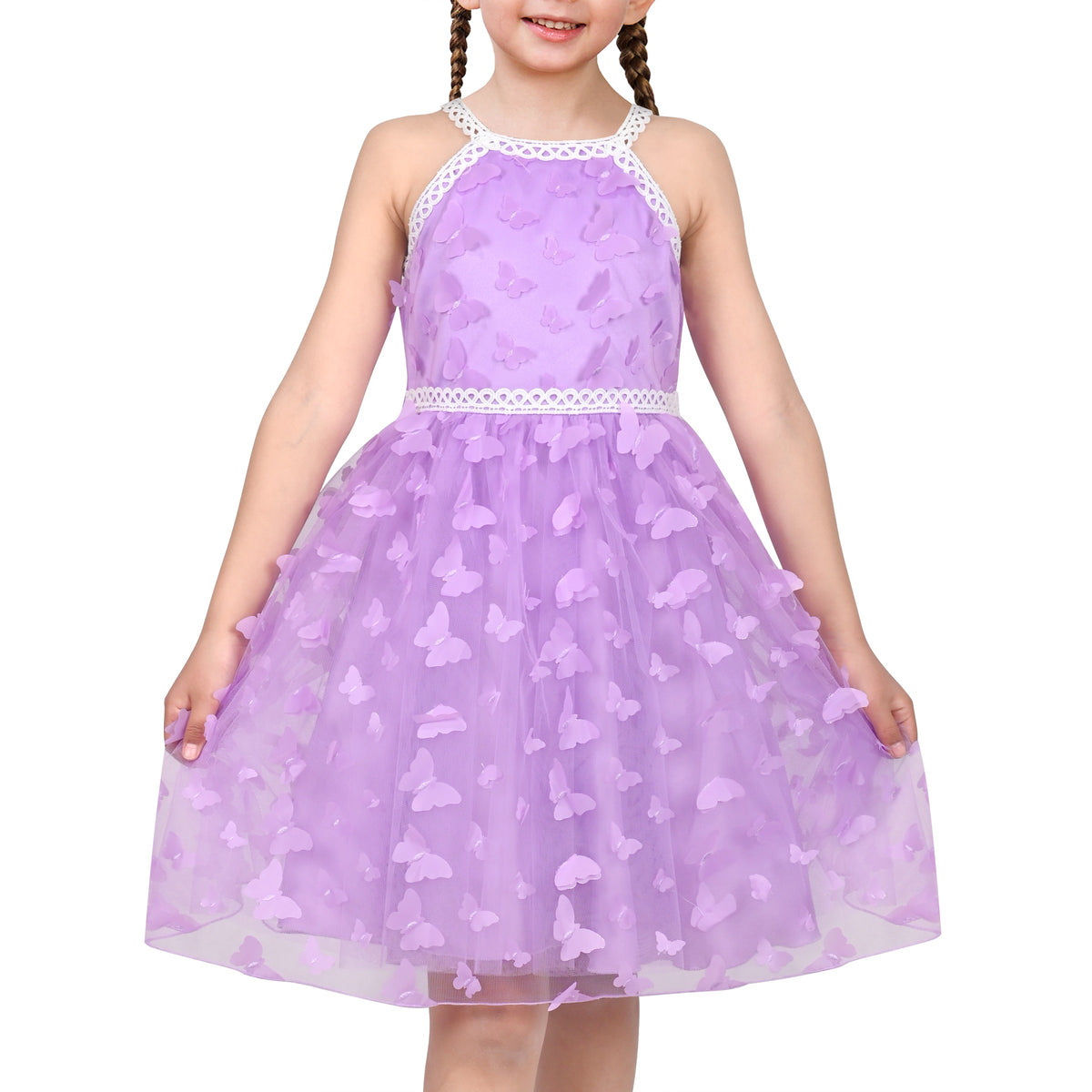 Girls Dress Purple Butterfly Embroidered Halter Dress Party - Purple Butterfly