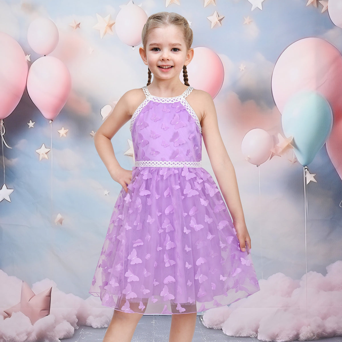 Girls Dress Purple Butterfly Embroidered Halter Dress Party - Purple Butterfly