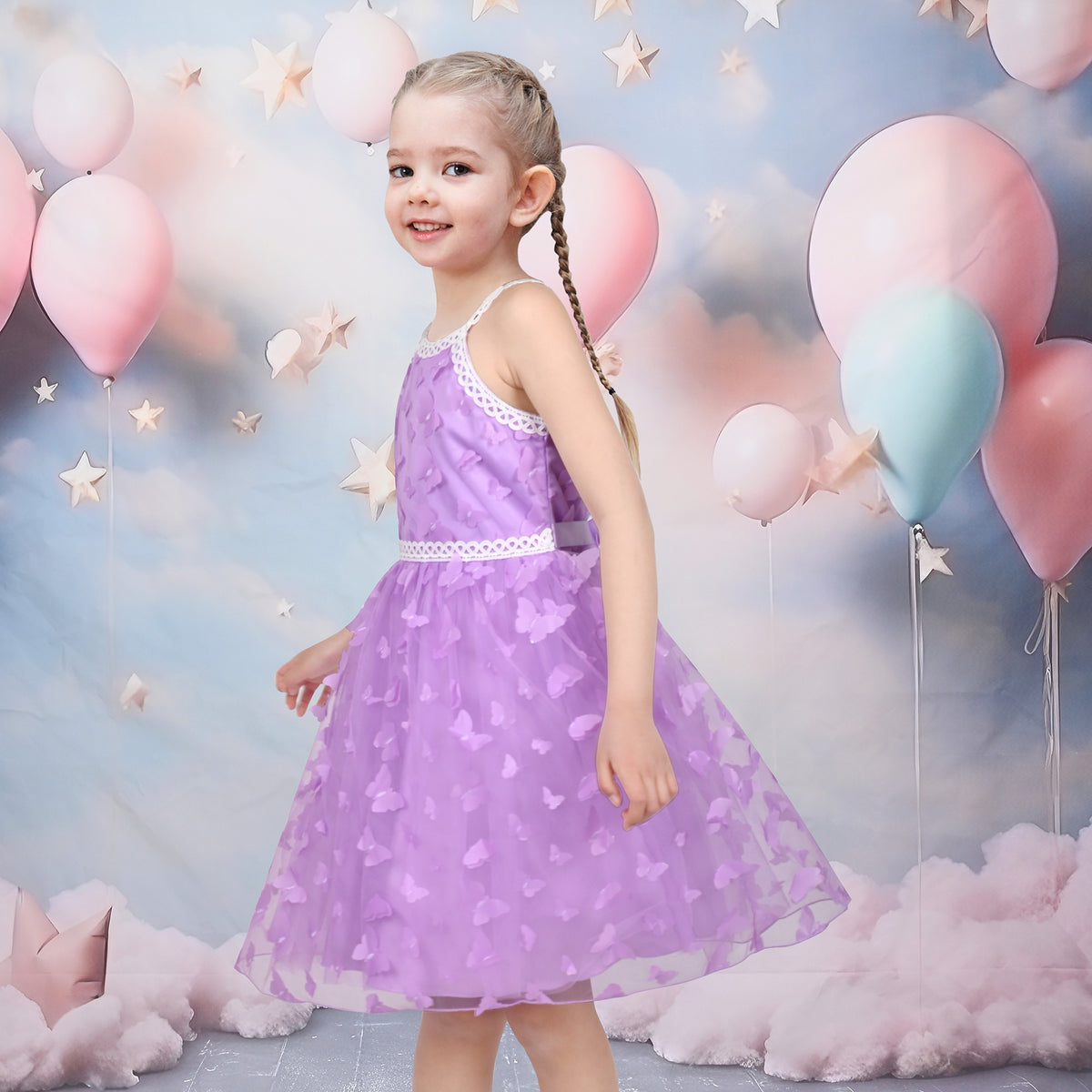 Girls Dress Purple Butterfly Embroidered Halter Dress Party - Purple Butterfly