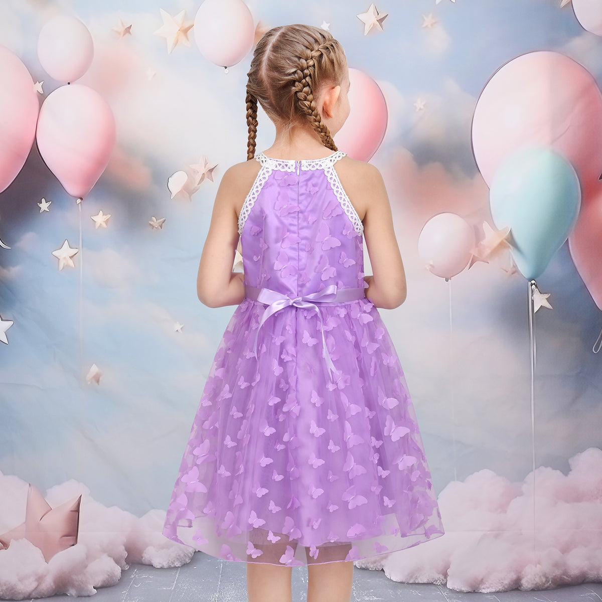 Girls Dress Purple Butterfly Embroidered Halter Dress Party - Purple Butterfly