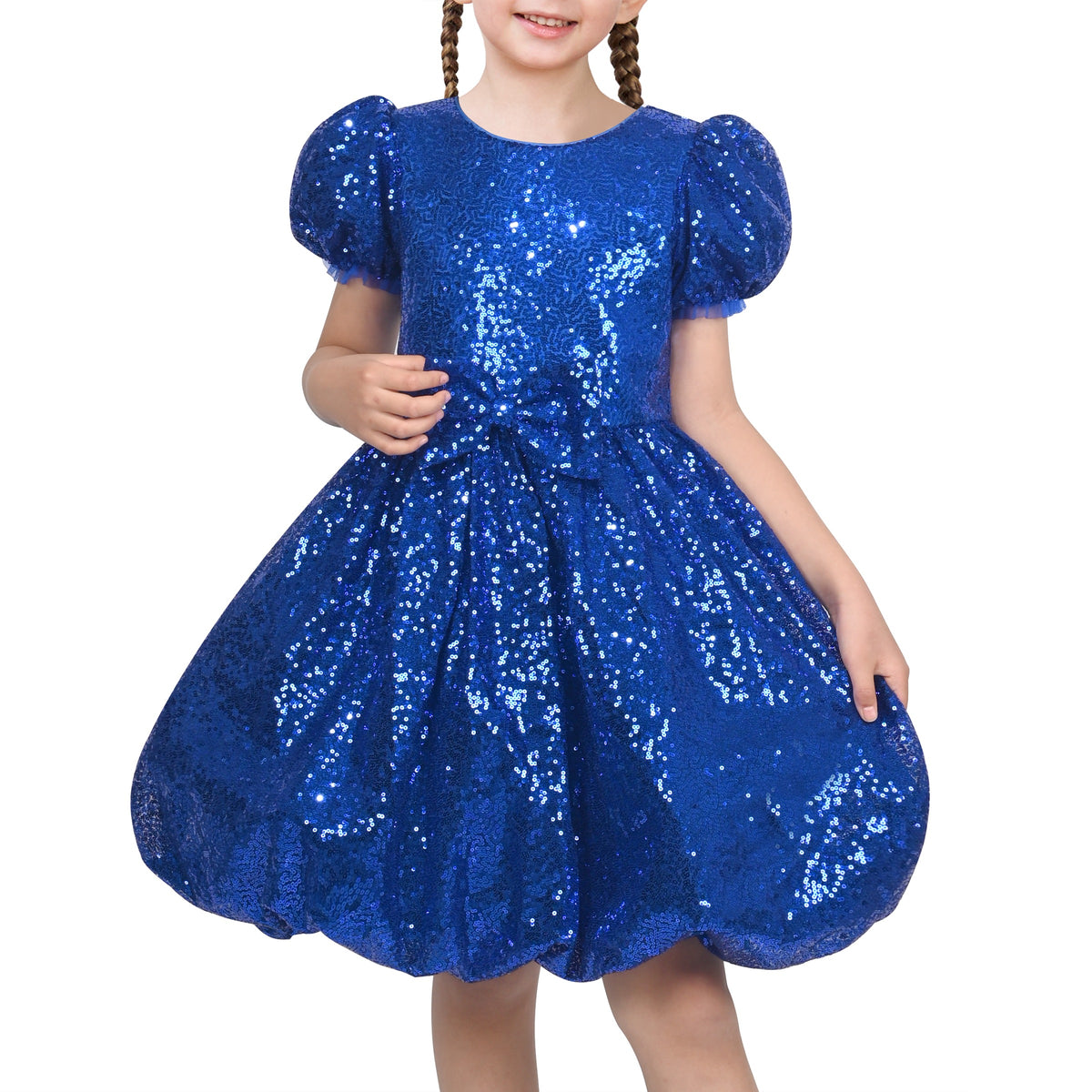 Girls Dress Sequin Shiny Rainbow Color Puffy Ruffle Bud Short Sleeve - Sparkling Blue