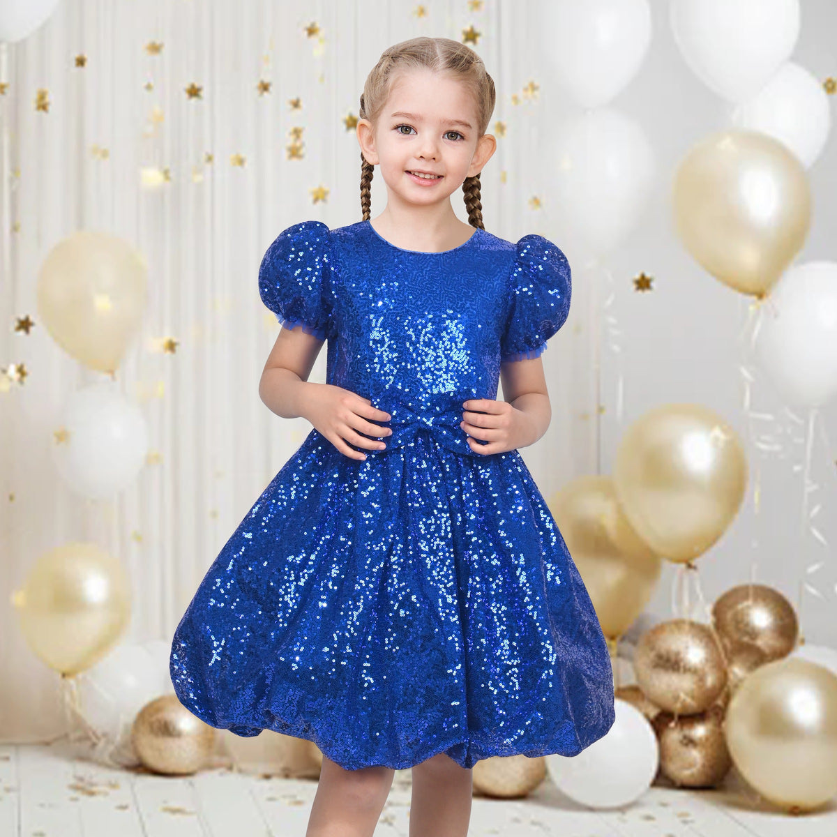 Girls Dress Sequin Shiny Rainbow Color Puffy Ruffle Bud Short Sleeve - Sparkling Blue