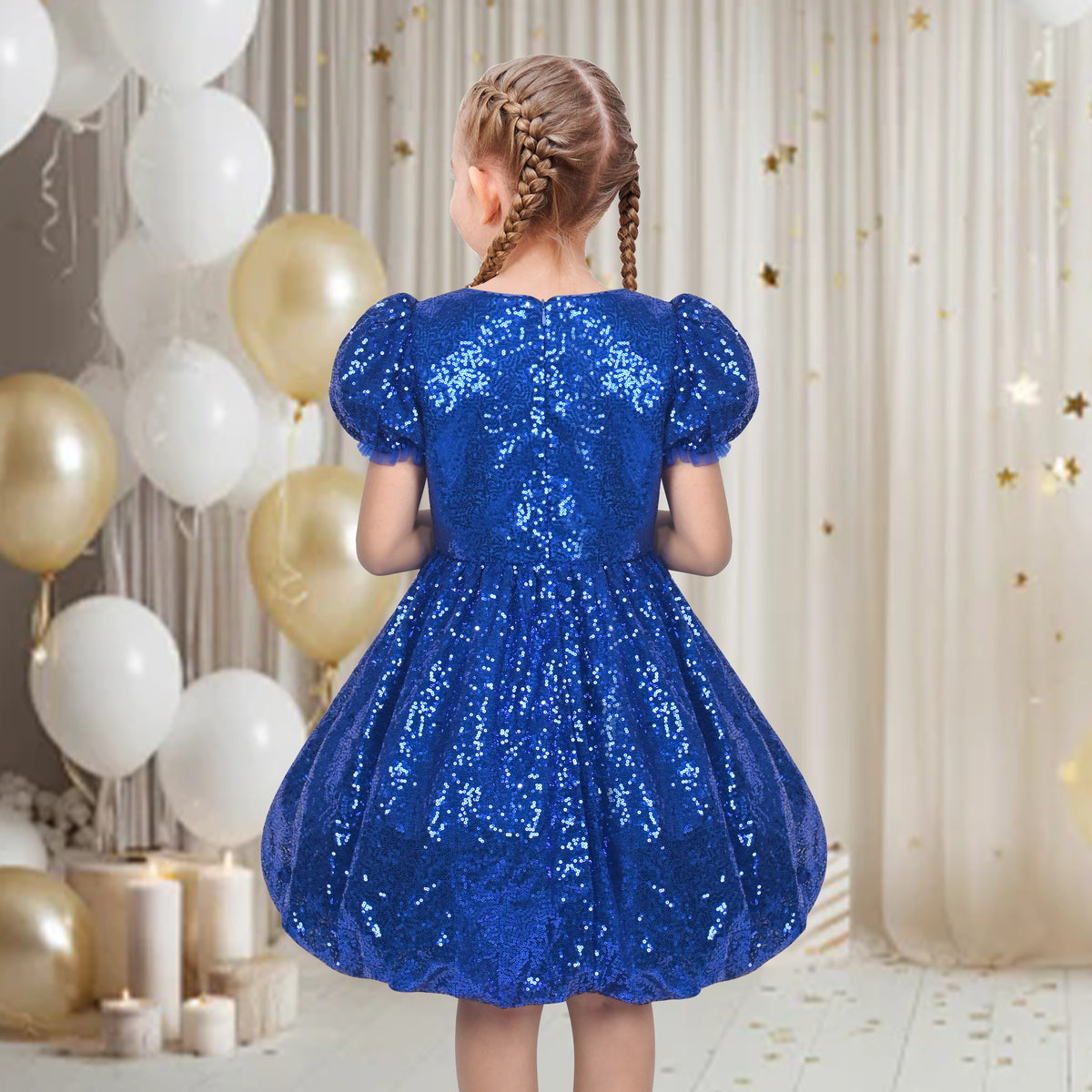 Girls Dress Sequin Shiny Rainbow Color Puffy Ruffle Bud Short Sleeve - Sparkling Blue